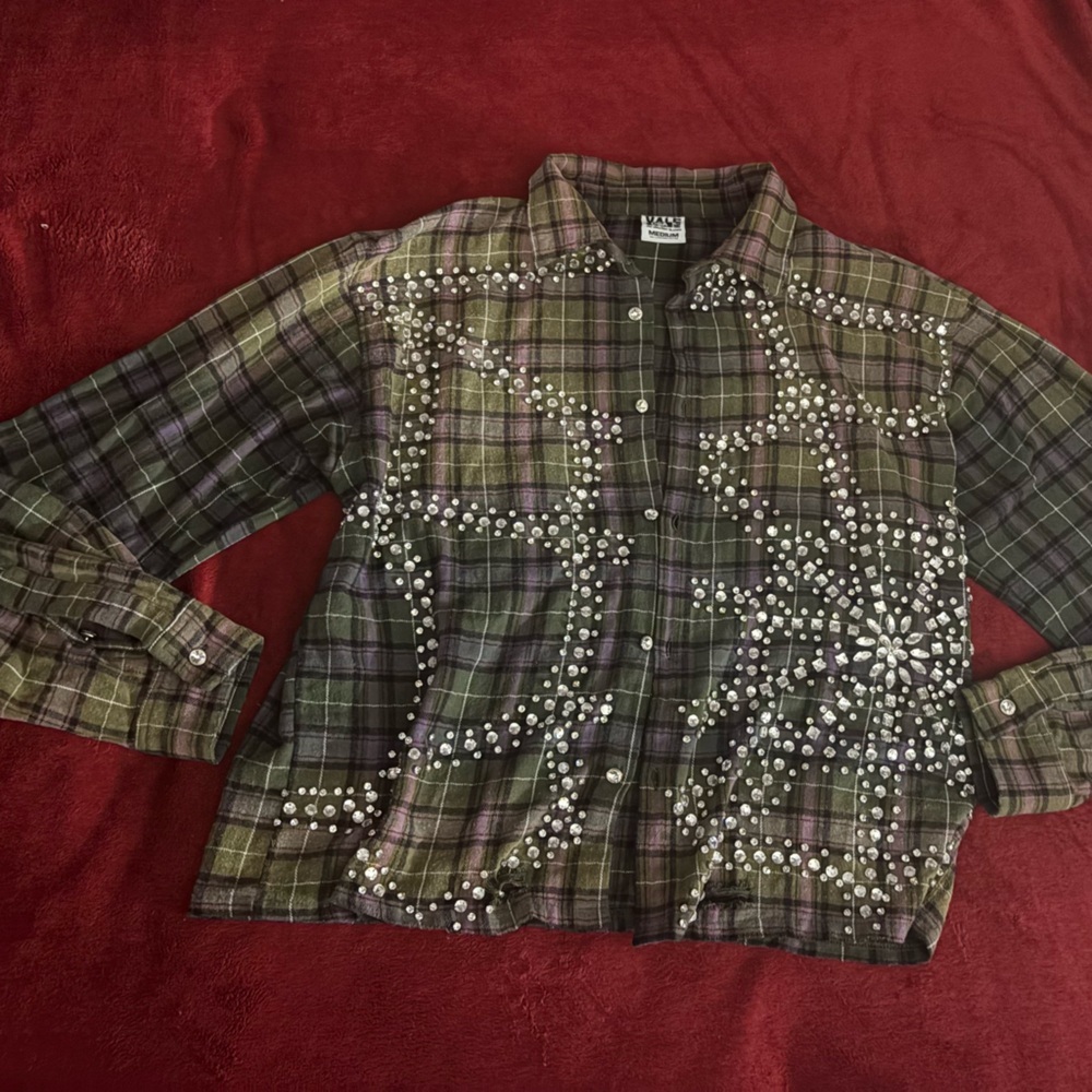 VALE Embellished Plaid Button-Up Shirt in Olive and Purple - Picture 4 of 8